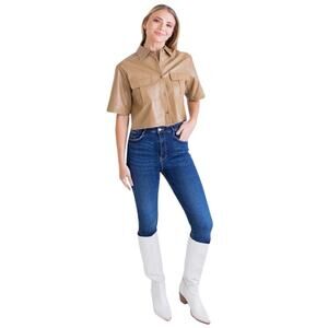 Karlie Soft Boho Vegan Leather Button Down Cropped Ivory Camp Shirt Size Large